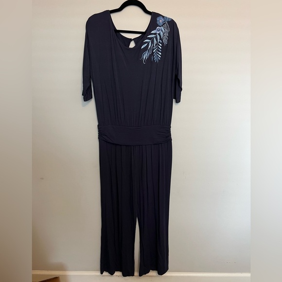 Soft Surrounding Navy Blue Garbo Jumpsuit Embroidered Jersey Knit Size MP - Picture 2 of 6